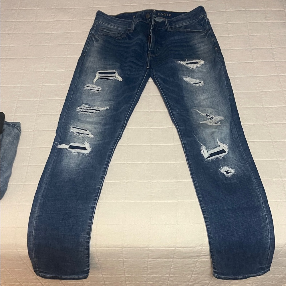 American Eagle Outfitters Men's Distressed Skinny Jeans - Dark Blue